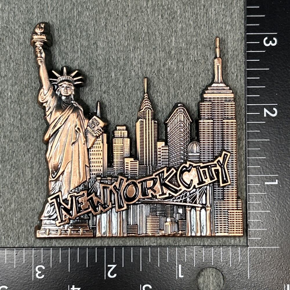 New York City Skyline Silver Fridge Magnet NYC Big Apple 3D Travel Souvenir 3"